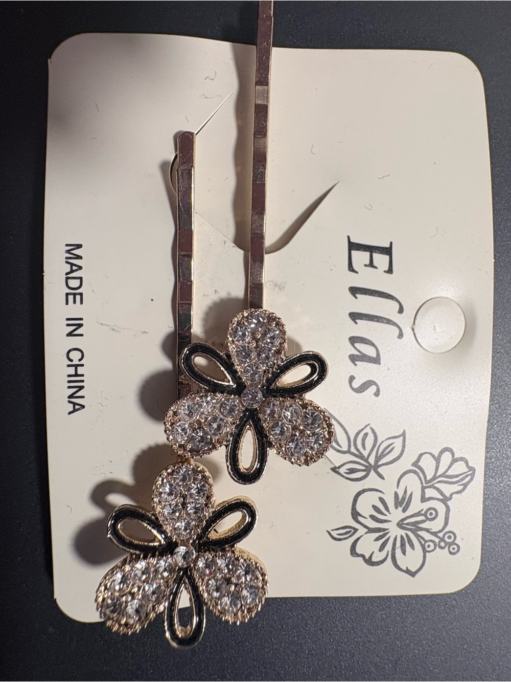 Ella Gold-Tone Crystal Flower Hair Pins with Black Accents